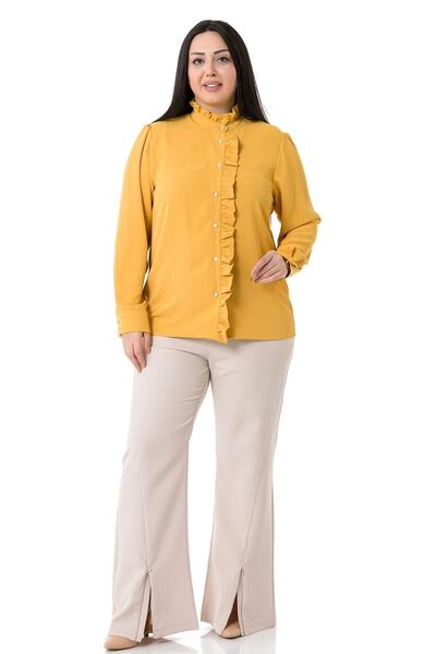 DISENTIS MODEST Plus Size Prevailing Collar Front Placket and Frilly Collar Yellow Shirt