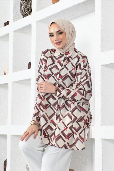 benguen 8886 Πουκάμισο Hijab με μοτίβο καφέ