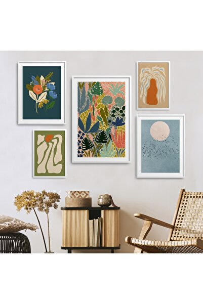 HOMEPACK Beyaz Lamine Çerçeveli 5'li Tablo Seti Beşli-013