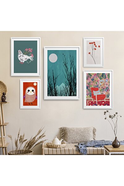 HOMEPACK Beyaz Lamineli Çerçeveli 5'li Tablo Seti Beşli-015