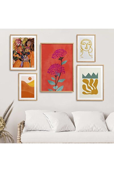 HOMEPACK Doğal Ahşap Çerçeveli 5'li Tablo Seti Beşli-014