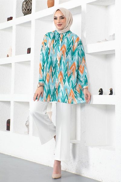 benguen 8887 Patterned Hijab Shirt Turquoise