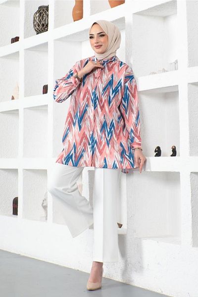 benguen 8887 Patterned Hijab Shirt Pink