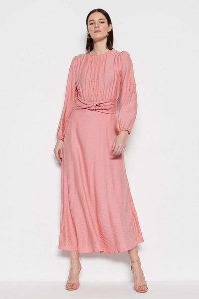 Trendyol Modest Rochie țesută cu detaliu roz deschis cu talie și strângere TCTSS23EB00138