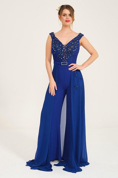 SpringStore Saks Stone Detailed Jumpsuit Evening Dress