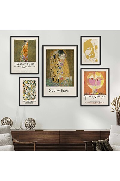 HOMEPACK Siyah Lamine Çerçeveli Gustav Klimt 5'li Tablo Seti Beşli-021