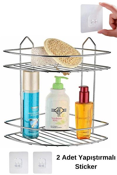 Kitchen Store Adhesive Chrome 2-Tier Bathroom Corner Shelf Shampoo Holder Corner Shelf Bathroom Shelf Organizer Shelf