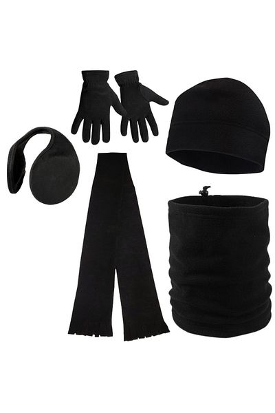 AXE SPORTSWEAR Men's Black Winter Fleece Gloves - Fleece Beanie - Fleece Neck Collar - Headphones - Scarf Set of 5