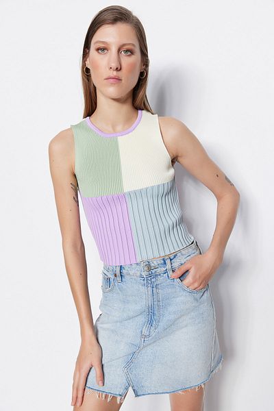 Trendyol Collection Πλεκτό Μπλούζα Lilac Crop Color Blocked TWOSS22BZ1003