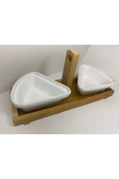 Kütahya Pazar 2-Piece Ceramic Catering Sauce Bowl Snack Bowl with Wooden Stand