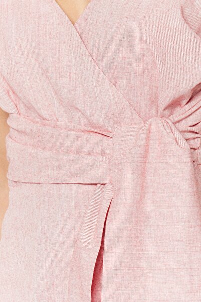 Trendyol Collection A-vonalú mini duplasoros gallér - narancssárga öves vászonruha TWOSS19XN0008