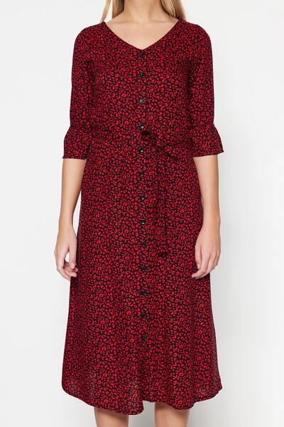 Trendyol Collection Piros öves ing Midi szövött állatmintás szőtt ruha TWOSS20EL1557