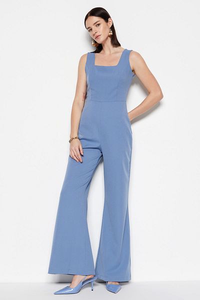 Trendyol Collection Salopetă fără mâneci cu guler pătrat lung țesut albastru TWOSS19BY0020