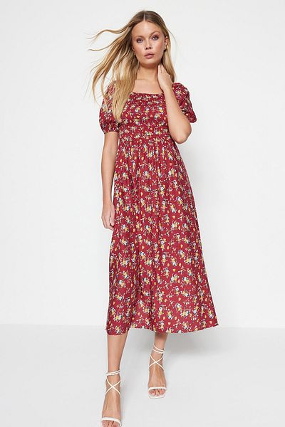 Trendyol Collection Μπορντό ελαστικό φλοράλ μοτίβο σκέιτερ/ζώνη που ανοίγει Midi υφασμένο φόρεμα από βισκόζη TWOSS20EL2433