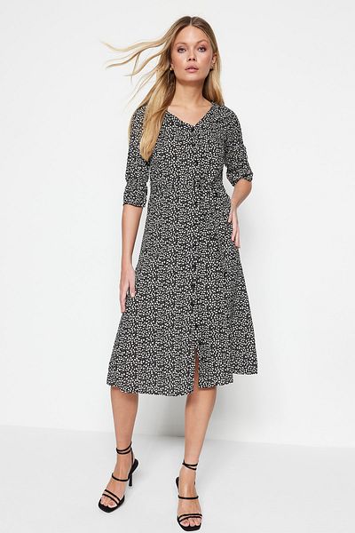 Trendyol Collection Černá košile s páskem Midi Woven Tkané šaty se zvířecím vzorem TWOSS20EL1557