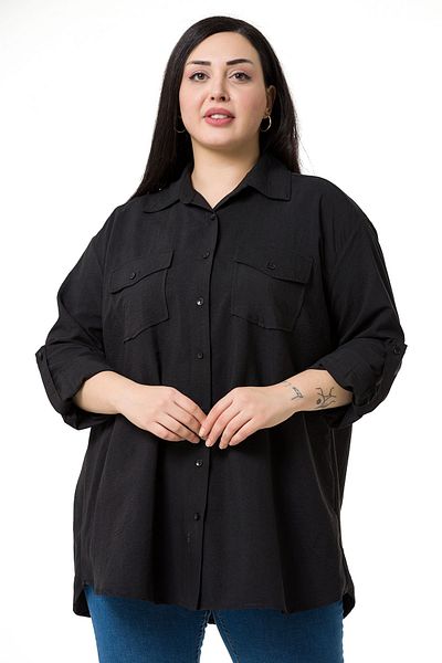 DISENTIS MODEST Camasa neagra cu guler de camasa de marime plus cu buzunare duble pe piept