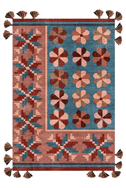 Rugs Modern Halı Mira 1145 Somon Turkuaz Etnik Çiçek Temalı Saçaklı Dokuma Ta...