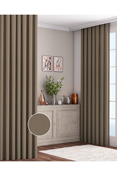 Altındaş Tekstil Keten Fon Perde Ekstrafor Büzgülü (PİLESİZ) Tek Kanat Toprak...