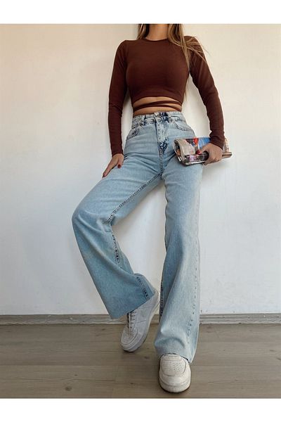 MAKRAS EXCLUSIVE Blugi din denim cu picioare late cu talie super înaltă, albastru deschis, zăpadă 2505