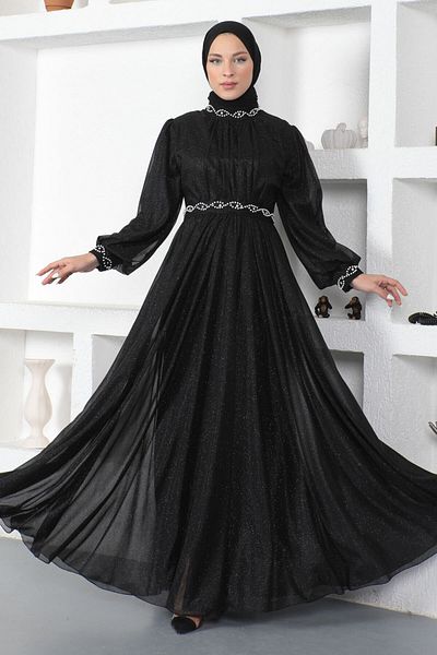 Modamihram Perlendetailliertes Glitzer-Abendkleid Schwarz 19004