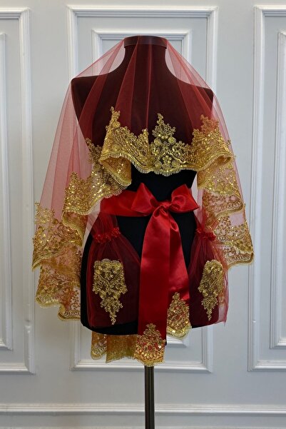 ZEYMERADE Kırmızı Gold Işıl Işıl Güpürlü Gelin Kına Duvağı Seti Düğün Kına Ge...