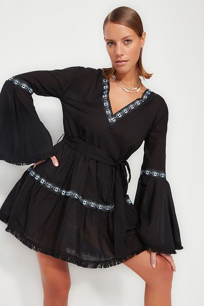 Trendyol Collection Plážové šaty ze 100% bavlny s mini tkaným černým páskem TBESS21EL1253