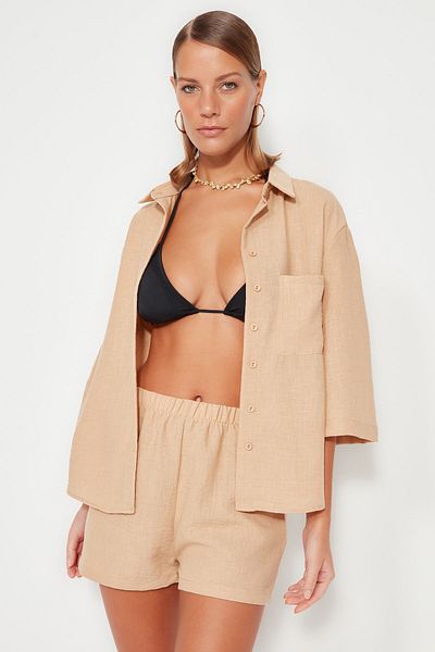 Trendyol Collection Camel szőtt ing rövidnadrág készlet TBESS23AU00050