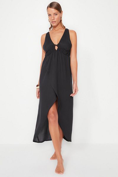 Trendyol Collection Black Midi Woven Drawstring Beach Dress Tbess23El00130
