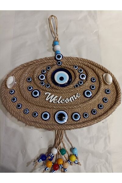 Trend Dünyası Ornament pentru ușă de bun venire cu mărgele de ochi rău brodate din paie și scoici de mare