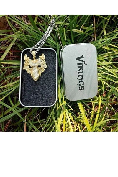 Viking Stainless Steel Nordic Wolf Head Necklace Gold Color Unisex 60 cm
