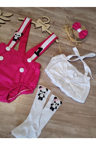 Feriatolye Kız Panda Konsepti Doğum Günü Kıyafeti Pembe Beyaz Salopet Crop Ço...
