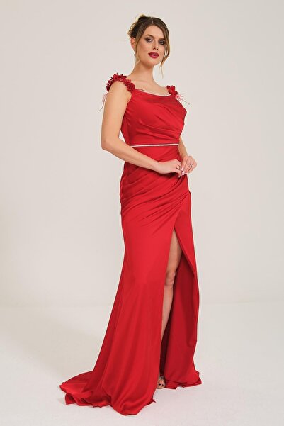 SpringStore Kırmızı Yakası Çiçekli Saten Abiye Elbise