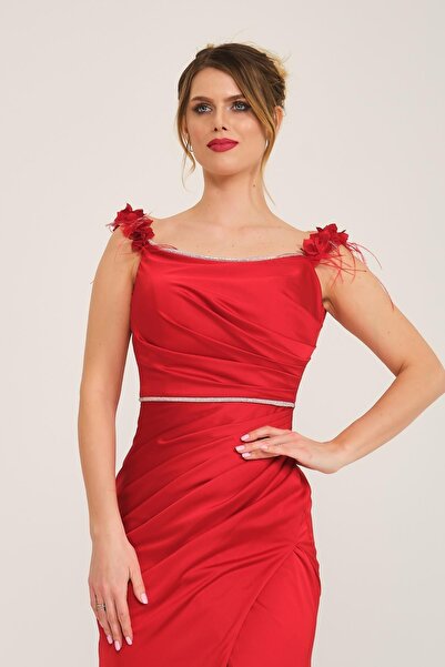 SpringStore Kırmızı Yakası Çiçekli Saten Abiye Elbise