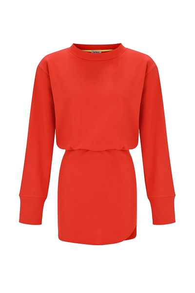 La Sarta Rochie de transpirație roșie Luna pentru femei - talie elastică, mini-slit oval, mânecă lungă, fără ridicare