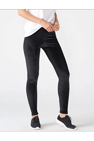 NUR TEKSTİL Kadın Siyah Kadife Yüksek Bel Tayt