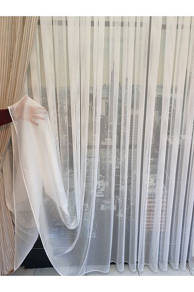 lüks House Luxury White Striped Leaded Tulle Curtain 1/2.5 Medium Pleat