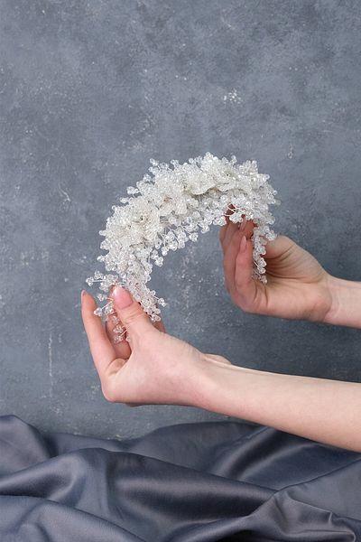 Hobigram Henna și coroană de mireasă cu model de flori cu mărgele simple transparente – Coroană, piatră de cristal, model elegant, coroană de mireasă –