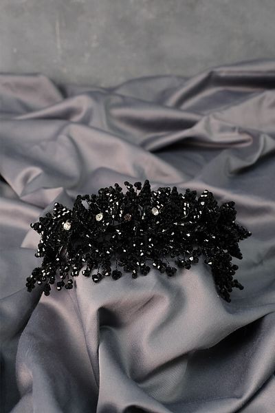 Hobigram Henna și coroană de mireasă cu model de flori cu mărgele simple negre – Coroană, piatră de cristal, model elegant, coroană de mireasă –