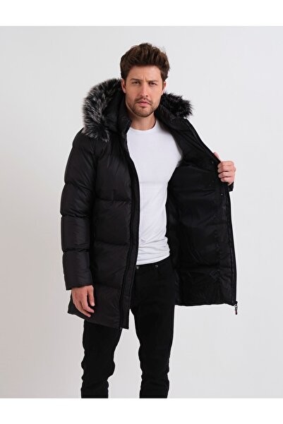 Oliggopol Ανδρική γούνινη κουκούλα μακρύ μοντέλο μαύρο πουπουλένιο παλτό & παλτό & παρκά
