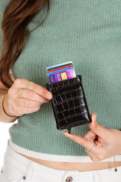 Newish Polo Women's Crocodile Leather Crocodile Aluminum Mechanism Sliding Card Holder Wallet, Automatic Wallet Rfid Blocking