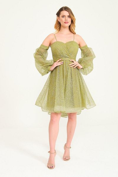SpringStore Rochie de seara scurta cu maneca cu balon verde