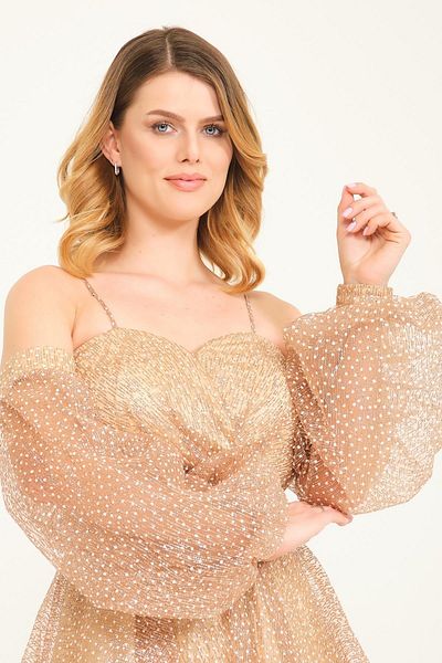 SpringStore Rochie de seara scurta cu maneca balon cu bretele aurii