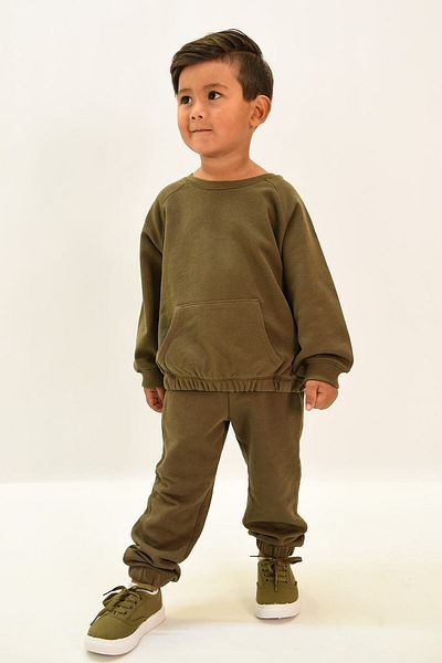 Machetta Kids Unprinted Crew Neck Khaki Children's Black Pocket Bottom Top Set