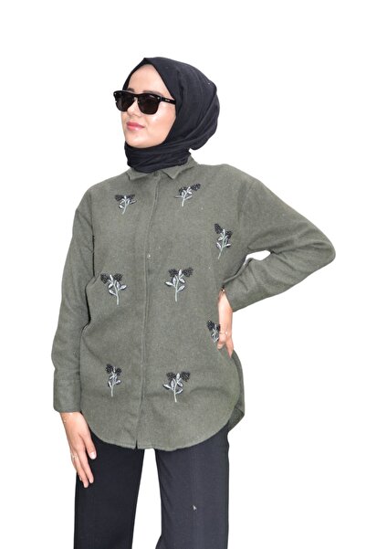 ASELA. قميص كشمير مطرز باللون الكاكي ومطرز بالخرز