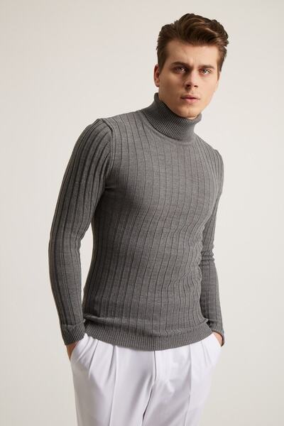 Fc Plus Füme Fitilli Tam Boğazlı Pamuk Karışım Erkek Triko - Extra Slim Fit