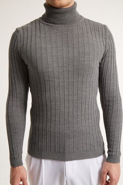 Fc Plus Füme Fitilli Tam Boğazlı Pamuk Karışım Erkek Triko - Extra Slim Fit