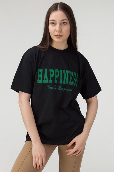 MODAGEN Women's Oversize Hapiness Printed Black T-shirt