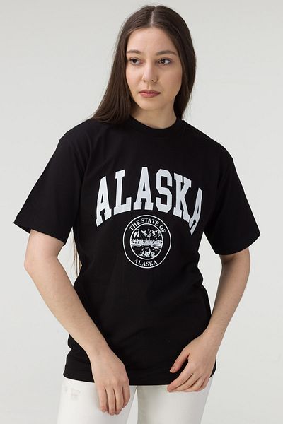 MODAGEN Women's Alaska Text Printed Oversize Black T-shirt