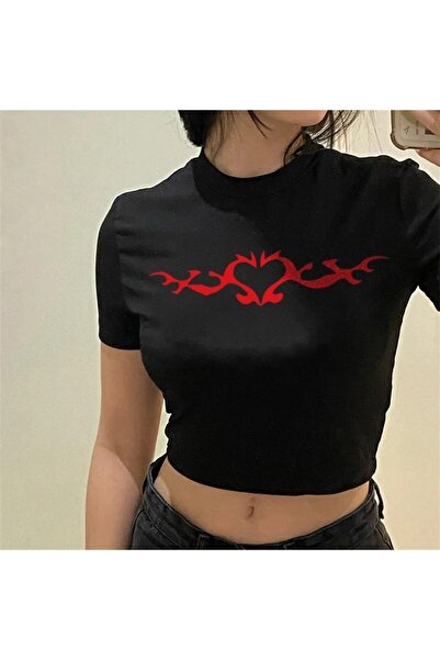 Gofeel Γυναικείο μπλουζάκι Harajuku με σχέδιο καρδιάς με νύχια σε μαύρο χρώμα