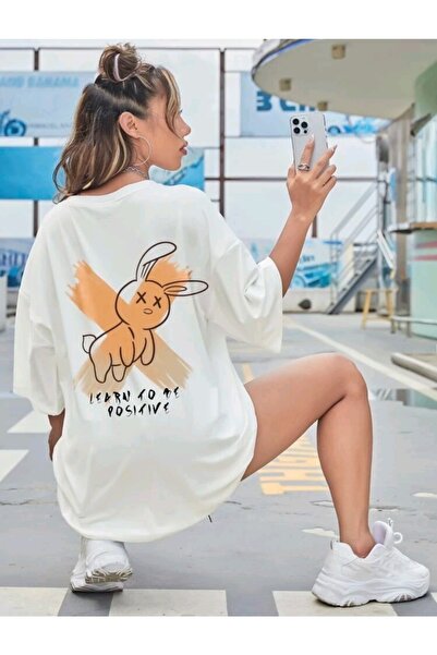 FAVORİST Biti pozitivan bela Oversize kroj Pamuk majica